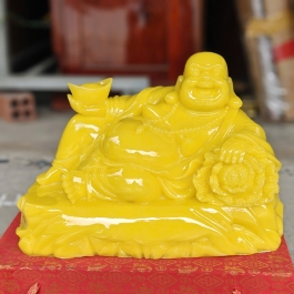 Tượng Di Lạc cầm thỏi vàng bằng bột đá mang phúc lạc và tài lộc cao 22cm