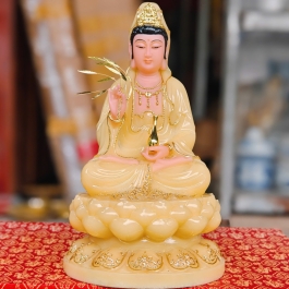 Tượng Phật Quan Thế Âm Bồ Tát màu vàng thạch anh  bằng đá cao cấp cao 30cm