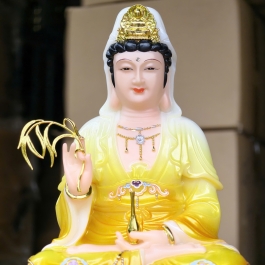  Tượng Quan Âm đá nhập khẩu cao cấp ngồi trên đài sen cao 30cm – Màu Vàng