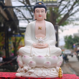 Tượng Phật A Di Đà Bằng Sứ Đức Hóa sen hồng 2 Kích Cỡ Cao (31cm và 41cm) màu trắng