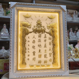 [38x48] Bài vị Thần Tài Thổ Địa Dát Vàng 24K Khung Nhựa Trắng Nền Trắng Có Đèn cao 48cm x 38cm