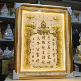 [38x48] Bài vị Thần Tài Thổ Địa Dát Vàng Nền Trắng cao 48cm ngang 38cm (Có Đèn)