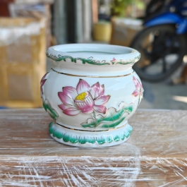 Lư hương sứ bạch ngọc hoa sen tím nổi cao cấp đường kính ĐK 15.5cm