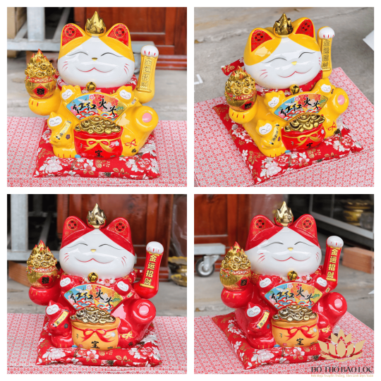 Mèo Thần Tài  Vẫy Tay Phong Thuỷ Gốm Sứ Cao Cấp cao 27cm (Đỏ, Vàng)