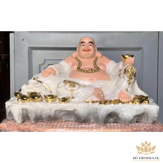 [17inch] Tượng Phật Di Lặc Cầm Thỏi Vàng Bằng Đá Nhập Khẩu Cao Cấp Ngang 44cm - Màu Trắng