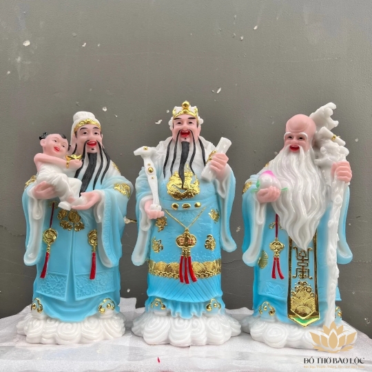 Tượng Phúc Lộc Thọ bằng đá Việt Nam cầu bình an tài lộc cao 36cm ( Bộ Tam Đa) - màu xanh