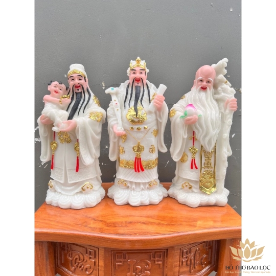 Tượng Phúc Lộc Thọ bằng đá Việt Nam cầu bình an tài lộc cao 36cm màu trắng ( Bộ Tam Đa)