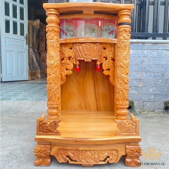 Bàn thờ thần tài thổ địa gỗ Gõ Đỏ ngang 48cm x cao 81cm trụ hộp đèn điện tử