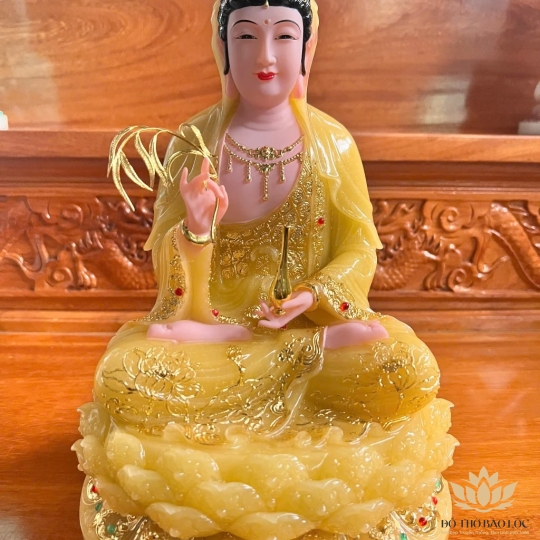 [12inch] Tượng Phật Quan Âm Ngồi Đài Sen Cao 30cm Đá Nhập Khẩu -Màu Vàng