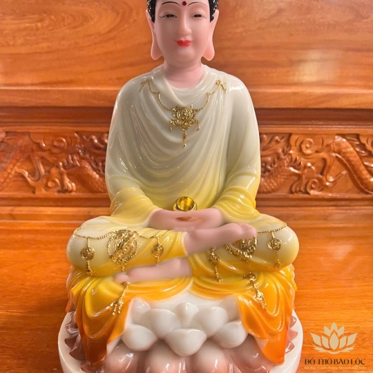 [12inch] Tượng Phật Thích Ca Ngồi Đài Sen Cao 30cm Đá Nhập Khẩu - Màu Trắng phối Vàng