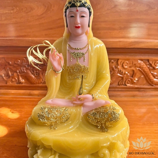 [12inch] Tượng Phật Quan Âm Ngồi Đài Sen Cao 30cm Đá Nhập Khẩu -Màu Vàng
