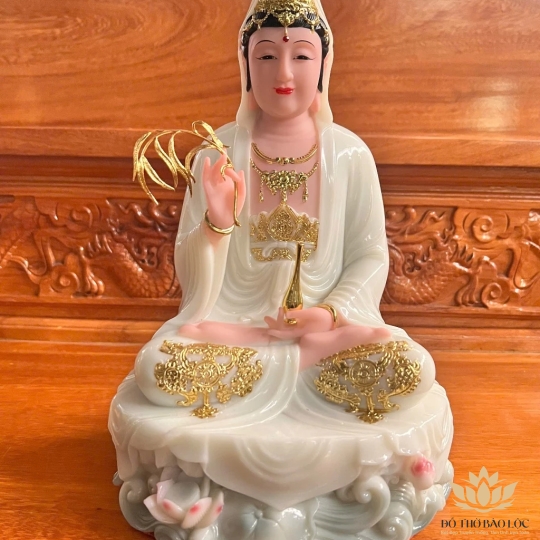 [12inch] Tượng Phật Quan Âm Ngồi Đài Sen Cao 30cm Đá Nhập Khẩu -Màu Trắng