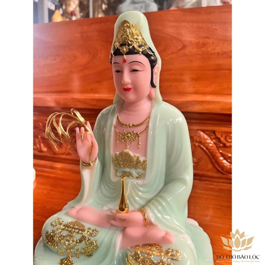 [16inch] Tượng Phật Quan Âm Ngồi Đài Sen Đá Nhập Cao Cấp 3 Màu (Trắng, Xanh, Vàng) - Cao 30cm - Decor Phòng Khách 