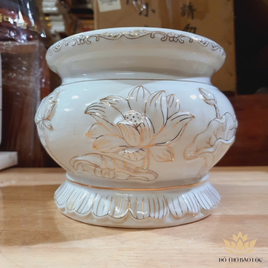Lư hương sứ trắng Bạch Ngọc trắng cao cấp cao 12cm đường kính 15 cm