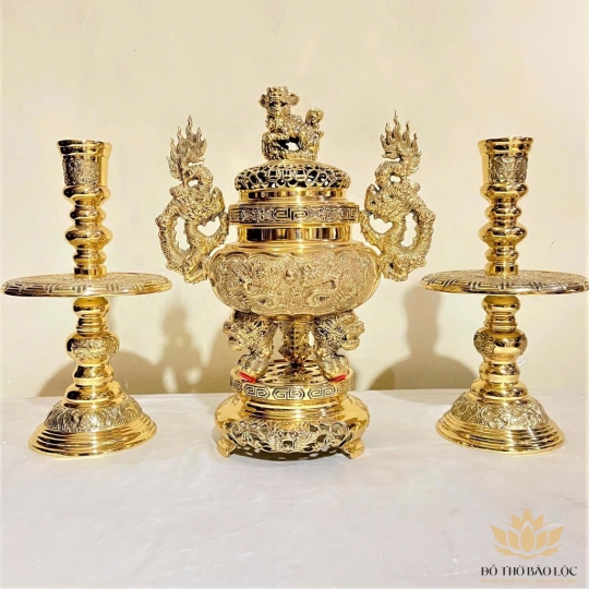 Bộ Tam Sự Đỉnh Tròn Bằng Đồng Cao 28cm thương hiệu Vĩnh Tiến sản xuất tại Việt Nam (số 0)