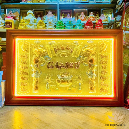 [75x115] Bài Vị Cửu Huyền Thất Tổ Bằng Đồng Khung Gỗ Ngang 115cm x Cao 75cm - Có đèn