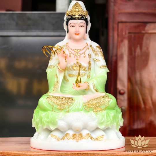 Tượng Quan Âm Ngồi Đài Sen Màu Xanh Ngọc cao 29cm