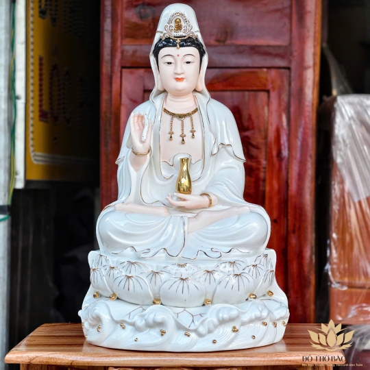 Tượng Quan Thế Âm Bồ Tát Ngồi Đài Sen Bằng Sứ Cao Cấp cao 40cm