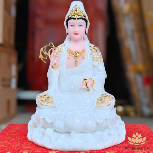 Tượng Phật Quan Thế Âm Bồ Tát ngồi trên đài sen bằng đá cao cấp cao 30cm – Màu Trắng