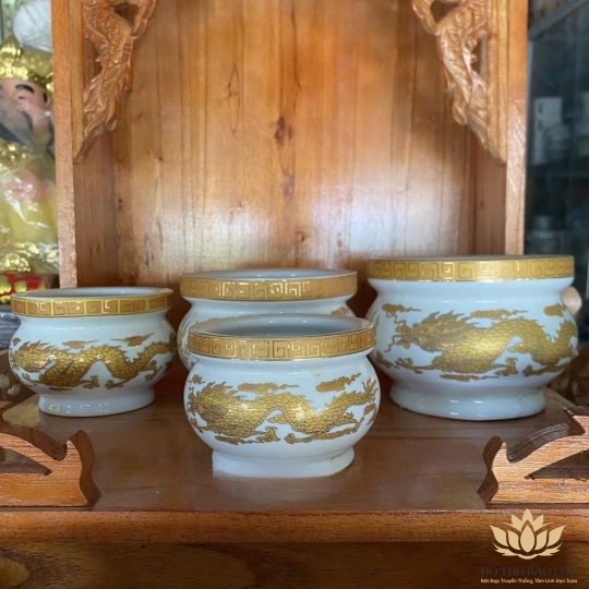 Lư Hương Sứ Trắng Rồng Vàng Hoa Văn Cao Cấp - Cao 9cm Ngang 12cm