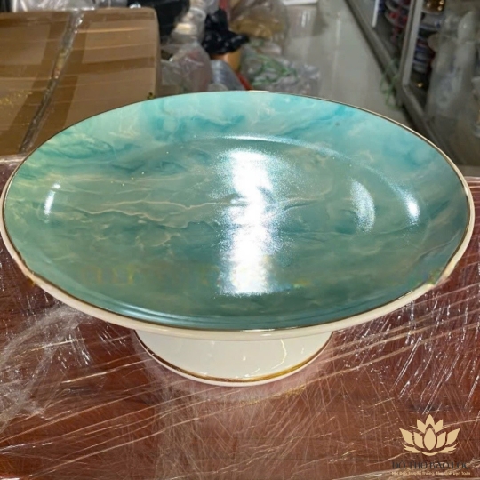 Đĩa Sứ Thờ Họa Tiết Đá Hoa Cương cao 7.5cm ngang 17.5cm – Màu Xanh