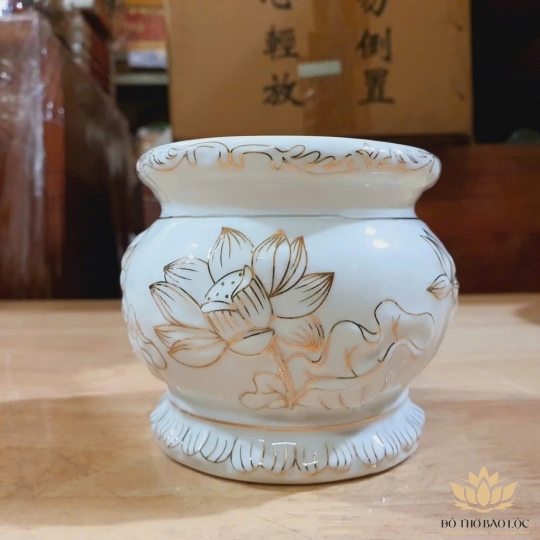 Lư hương bạch ngọc sứ trắng cao cấp cao 10,5cm đường kính 13cm