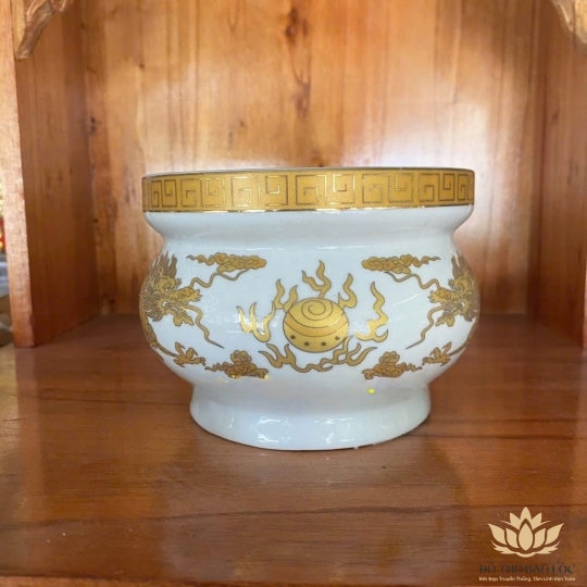 Lư Hương Sứ Trắng Rồng Vàng Hoa Văn Cao Cấp - Cao 8cm Ngang 11cm