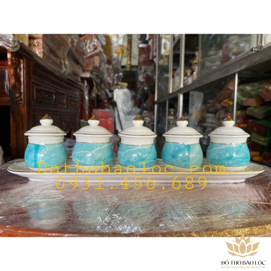 Chum Nước, Áng Nước Sứ Hoạ Tiết Đá Hoa Cương Có Nắp 5 Ly - Màu Xanh