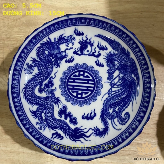 Đĩa sứ thờ họa tiết long phụng bằng gốm Bát Tràng – Đường kính: 20,5cm