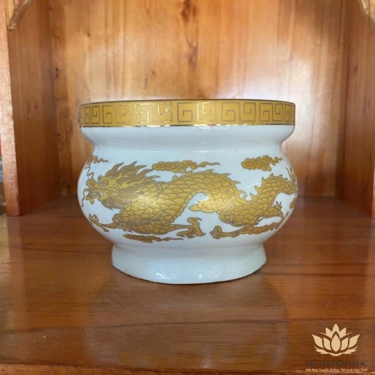 Lư Hương Sứ Trắng Rồng Vàng Hoa Văn Cao Cấp - Cao 9cm Ngang 12cm