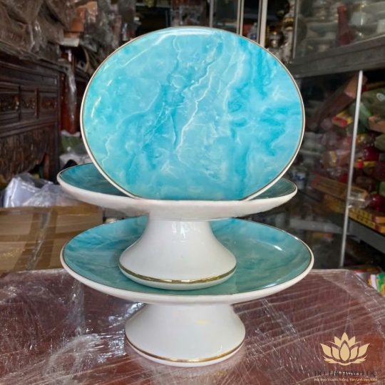 Đĩa Sứ Thờ Họa Tiết Đá Hoa Cương cao 7.5cm ngang 17.5cm – Màu Xanh