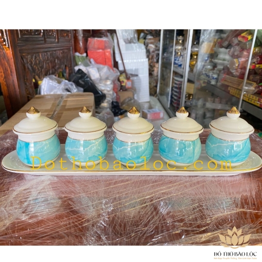 Chum Nước, Áng Nước Sứ Hoạ Tiết Đá Hoa Cương Có Nắp 5 Ly - Màu Xanh