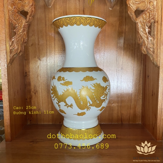 Bình bông sứ Trắng Rồng cao cấp - Cao 22.5cm Ngang 10cm 