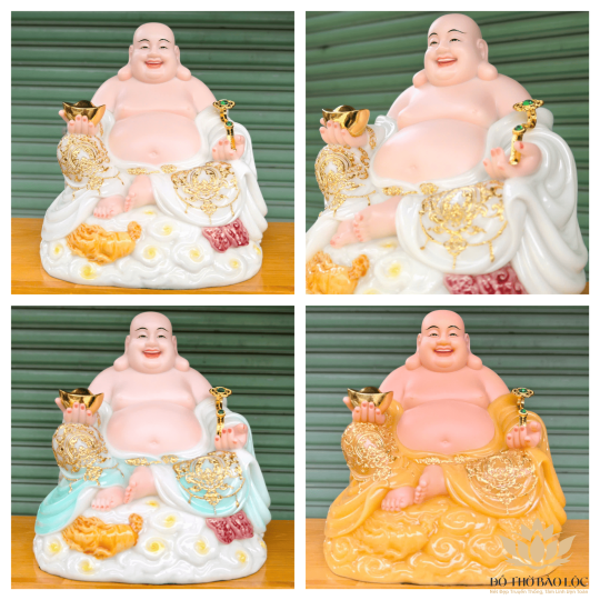 Tượng Di lặc cầm gậy như ý bằng đá cao 29cm – 3 màu