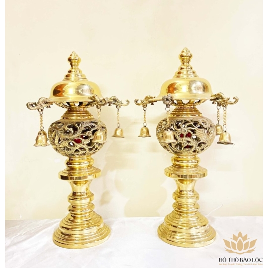 Đèn Thờ Cúng Gia Tiên Ngũ Chuông Bằng Đồng Vĩnh Tiến - Cao 42cm