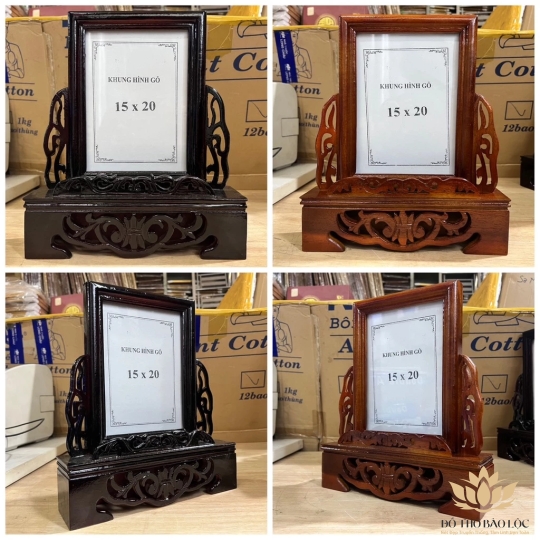 Khung ảnh thờ gia tiên 100% gỗ xà cừ chạm khắc ép kính viền hoa cao cấp cao 30cm ( 15 x 20 ), CHÂN BẰNG - Màu đen