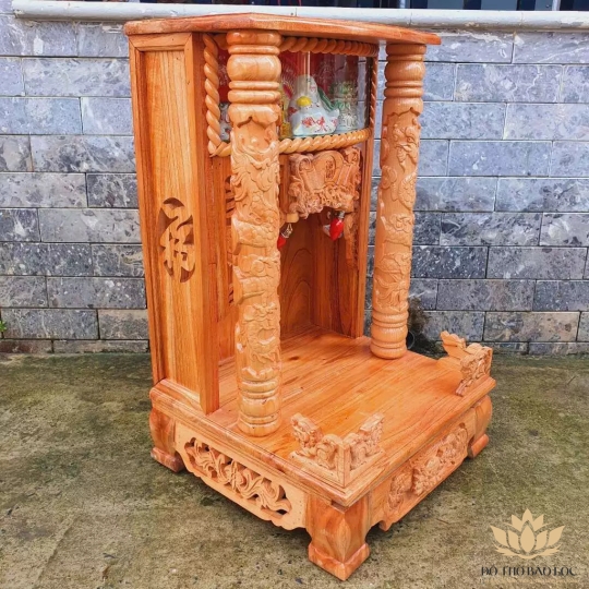 Bàn thờ thần tài thổ địa gỗ xoan đào quỳ trụ hộp điện tử ngang 48cm x cao 88cm - màu Vàng nhạt