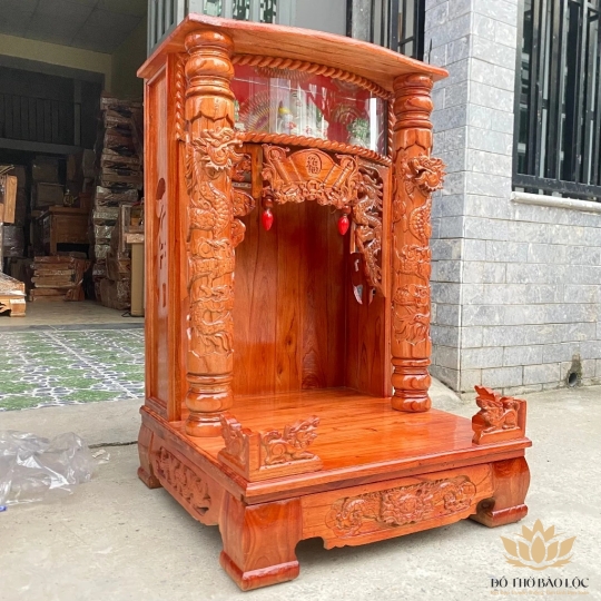 Bàn thờ thần tài thổ địa gỗ xoan đào quỳ trụ hộp điện tử ngang 60cm x cao 98cm - màu Đỏ