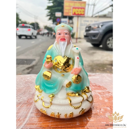 Tượng Thần Tài Thổ Địa Chiêu Tài Lộc Đá Việt Nam Cao 17cm - Màu Xanh Ngọc