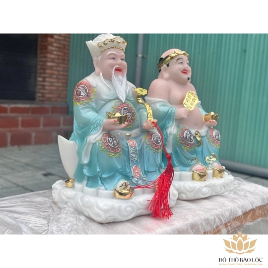 [8inch] Tượng Thần tài Thổ Địa áo gấm bằng đá nhập khẩu cao cấp cao 22cm – Màu xanh