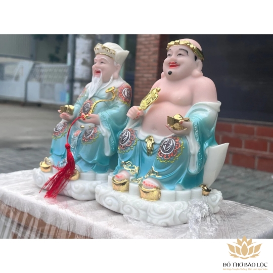 [8inch] Tượng Thần tài Thổ Địa áo gấm bằng đá nhập khẩu cao cấp cao 22cm – Màu xanh