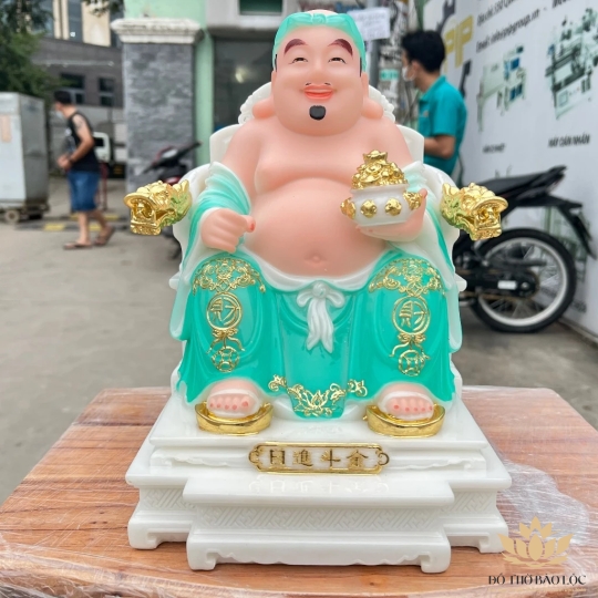 [10inch] Tượng Thần tài Thổ Địa ngồi ghế đá nhập khẩu mẫu mới nhất cao 25cm – Xanh