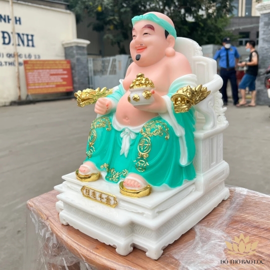 [10inch] Tượng Thần tài Thổ Địa ngồi ghế đá nhập khẩu mẫu mới nhất cao 25cm – Xanh