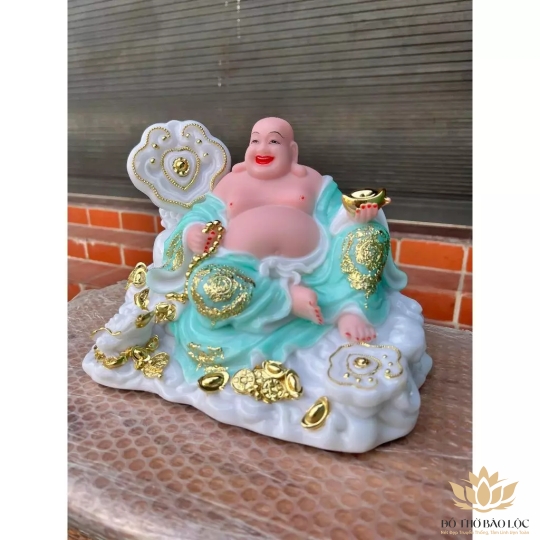 [12inch] Tượng Di Lặc Tôn Phật Đá Nhập Mẫu Như Ý Ngang 26cm - Xanh lam