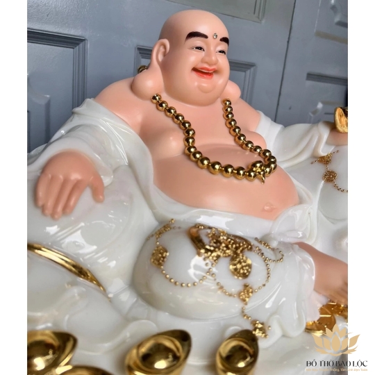 [17inch] Tượng Phật Di Lặc Cầm Thỏi Vàng Bằng Đá Nhập Khẩu Cao Cấp Ngang 44cm - Màu Trắng