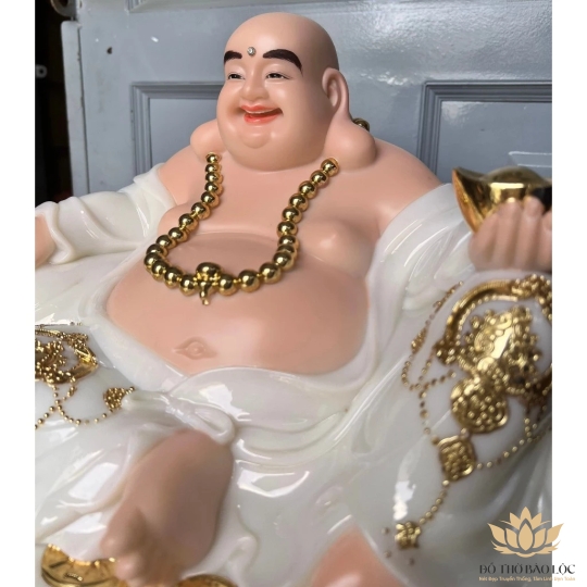 [17inch] Tượng Phật Di Lặc Cầm Thỏi Vàng Bằng Đá Nhập Khẩu Cao Cấp Ngang 44cm - Màu Trắng