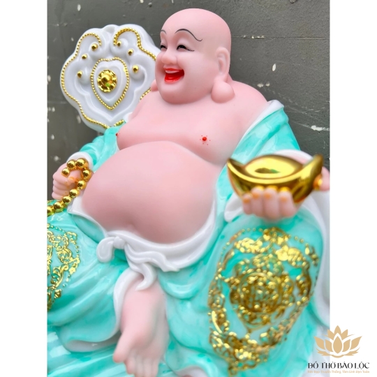 [16inch] Tượng Phật Di Lặc Mẫu Như Ý Cầm Thỏi Vàng bằng Đá Nhập Khẩu ngang 38cm - Xanh