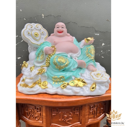 [16inch] Tượng Phật Di Lặc Mẫu Như Ý Cầm Thỏi Vàng bằng Đá Nhập Khẩu ngang 38cm - Xanh