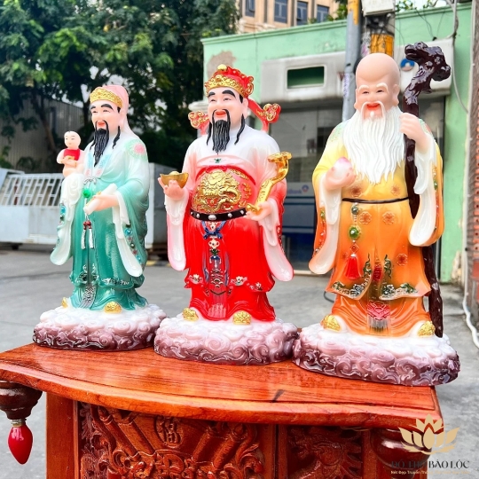 Tượng Phúc Lộc Thọ Áo Gấm Bằng Đá Nhập Khẩu Cao 30cm ( Bộ Tam Đa)