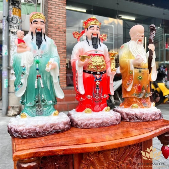 Tượng Phúc Lộc Thọ Áo Gấm Bằng Đá Nhập Khẩu Cao 30cm ( Bộ Tam Đa)